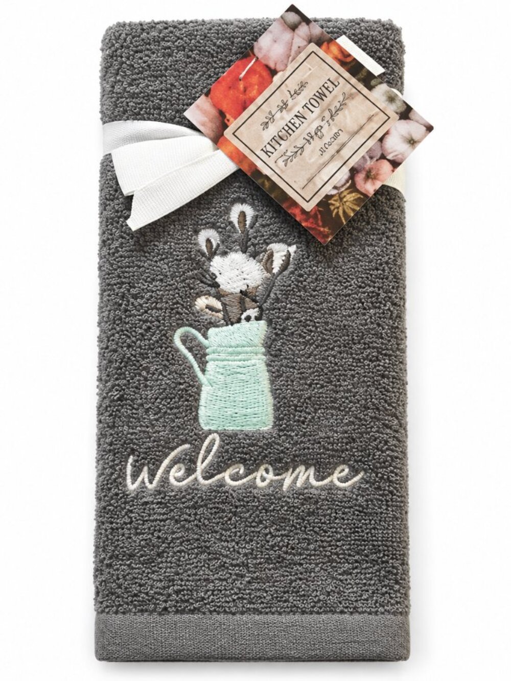 Spring Fingertip Towels Welcome Watering Can Embroidered Gray Blue Set of 2